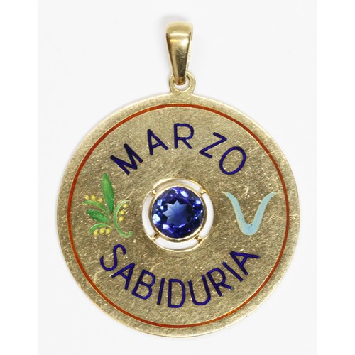 14 - A Spanish pendant, circular form bezel set with a central round mixed cut sapphire weighing approxim... 