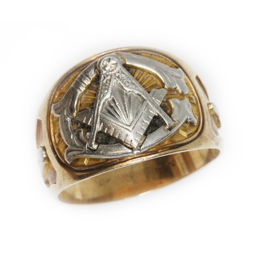 21 - A white and yellow metal Masonic signet ring, marked 'P.S.Co' and '10K', gross weight 7.1g, size U.