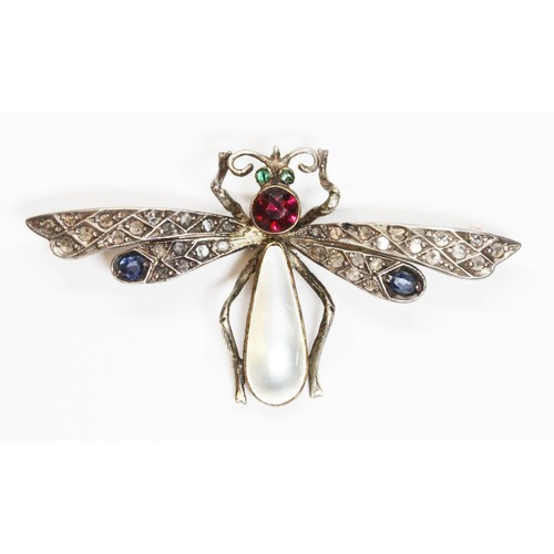 35 - An antique multi-gem set dragonfly brooch, diamond chips and sapphires to wings, green stone eyes (p... 