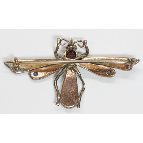 35 - An antique multi-gem set dragonfly brooch, diamond chips and sapphires to wings, green stone eyes (p... 