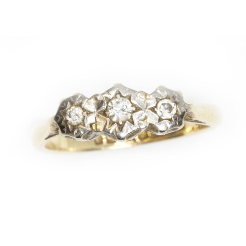 51 - A three stone diamond ring, white metal illusion setting, hallmarked 18ct yellow gold, sponsor 'S&D'... 