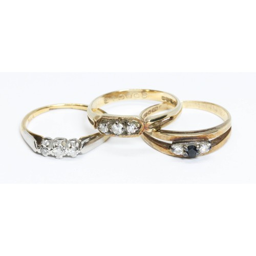 53 - A group of three diamond rings comprising two hallmarked 9ct gold and another marks worn, gross weig... 