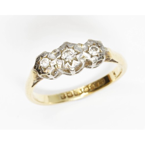 51 - A three stone diamond ring, white metal illusion setting, hallmarked 18ct yellow gold, sponsor 'S&D'... 