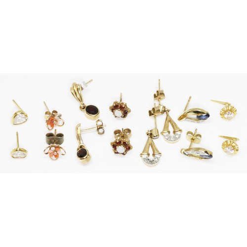 66 - Seven pairs of earrings set with various stones, mainly marked '375' or similar, gross weight 9g.