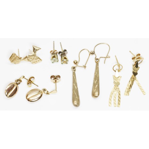 65 - Two pairs of earrings marked '14K', weight 0.9g, and three other pairs unmarked, weight 3.2g.