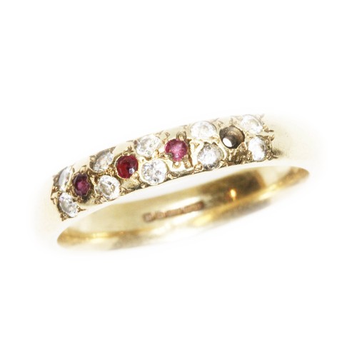 97 - A hallmarked 9ct gold ruby, diamond and other colourless stone ring, gross weight 4.8g, size T.