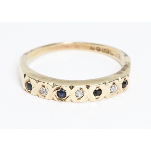 98 - A hallmarked 9ct gold diamond, sapphire and blue stone ring, gross weight 2.5g, size Q.