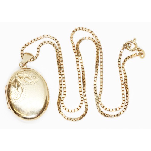 89 - A hallmarked 9ct gold oval locket, suspended on 43cm box link chain, marked with 9ct gold import mar... 