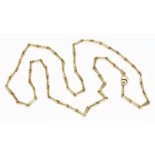 87 - A 9ct yellow gold fancy wire bar link chain, claw clasp, import marks, length 50cm, weight 17.7g.