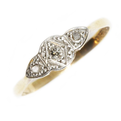 117 - An Art Deco style three stone diamond ring, white metal illusion setting, yellow band marked '18ct&P... 