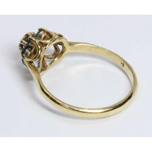 110 - A hallmarked 18ct gold and green stone ring (probably emerald), gross weight 2.4g, size L/M.