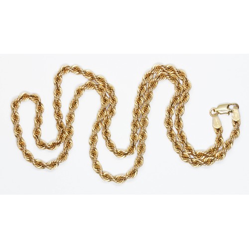 143 - A 9ct yellow gold rope twist chain, international convention marks, length 50cm, weight 23g.