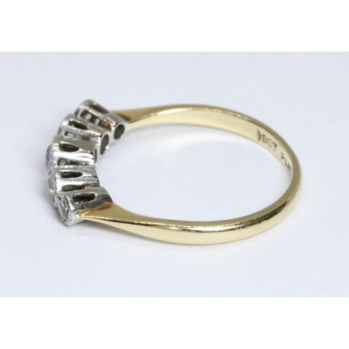 157 - A five stone diamond ring, the white metal bezel set old European cut stones weighing approximately ... 