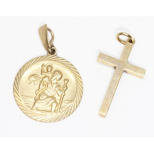 168 - A hallmarked 9ct gold St Christopher pendant medallion and a cross marked with international convent... 