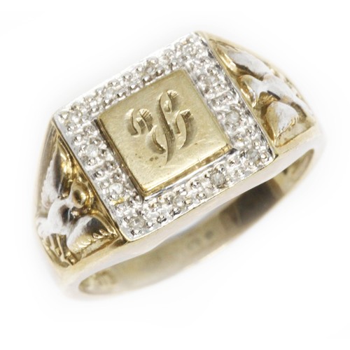 166 - A 9ct gold diamond signet ring, international convention mark, gross weight 6.1g, size V.