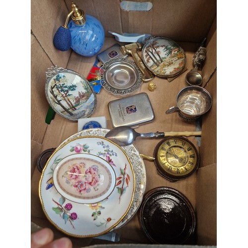 188 - A box of mixed items to include oriental collectables, pocket travel alarm clock by Swiza, and a box... 