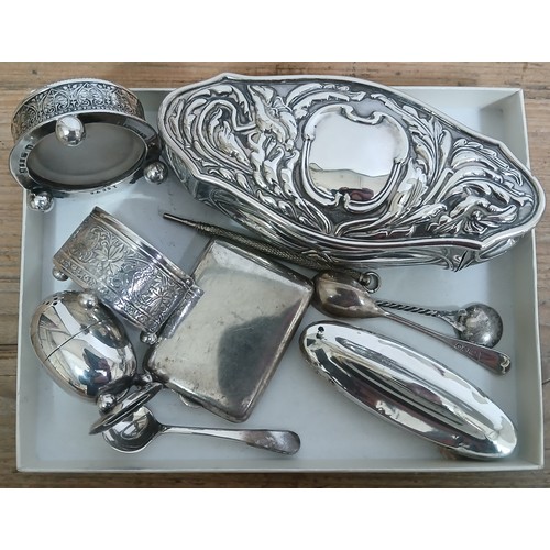 507 - A tray of assorted hallmarked silver and silver plated items including an Art Nouveau style trinket ... 