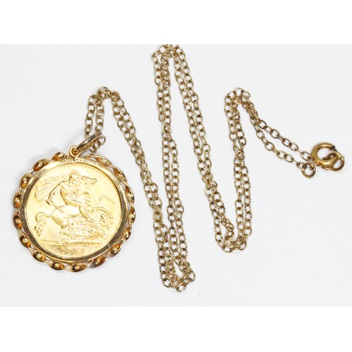 511 - A George V 1918 half sovereign, yellow metal pendant mount unmarked, suspended on 44cm chain with bo... 