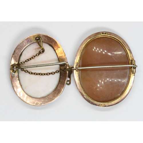 516 - Two 9ct gold mounted cameo brooches, length 36mm & 38mm, gross weight 15.7g.