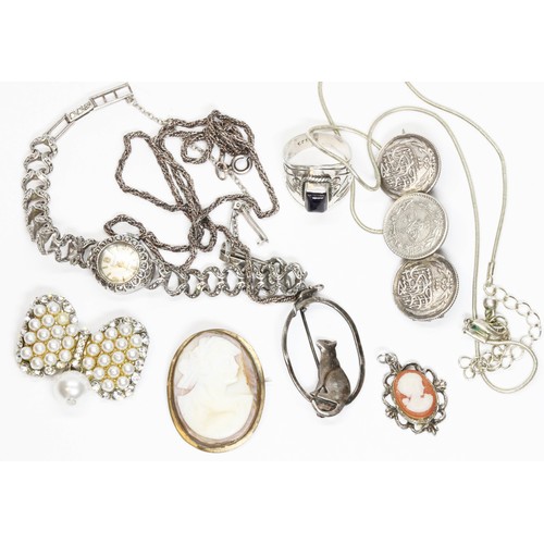 518 - Assorted silver jewellery and costume jewellery including a a marcasite set watch, ring, brooches, e... 