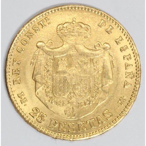 528 - Alfonso XII (1874-1885), A Spanish gold coin, 25 Pesetas, 1887.