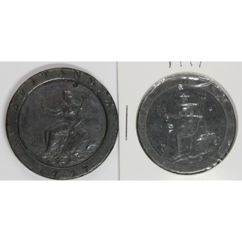 537 - Two George III 1797 coins comprising of a cartwheel 2 penny coin & a cartwheel penny coin.