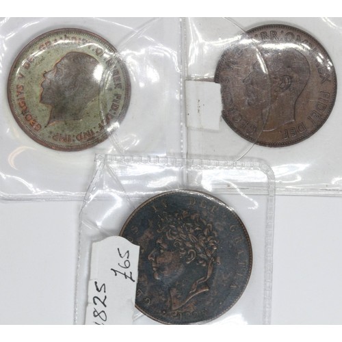 553 - Three pennies comprising of a Geoerge IV 1825 & 2 George V (1933,1952).