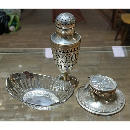 578 - Hallmarked silver comprising a pepper pot, a pin dish and a capstan inkwell.