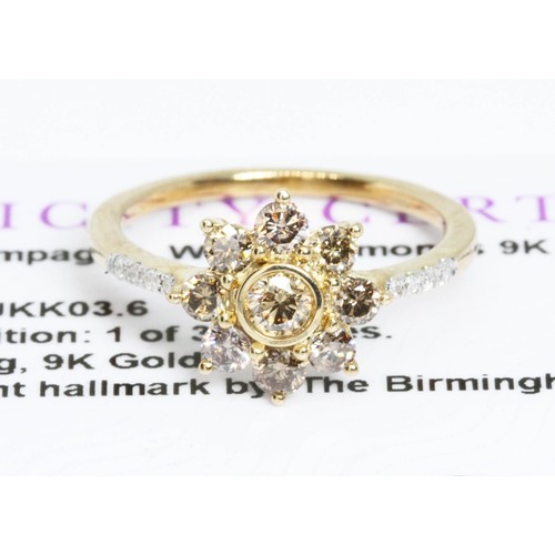 626 - A 9ct gold fancy coloured/tinted diamond cluster ring, the flower head cluster measuring approximate... 