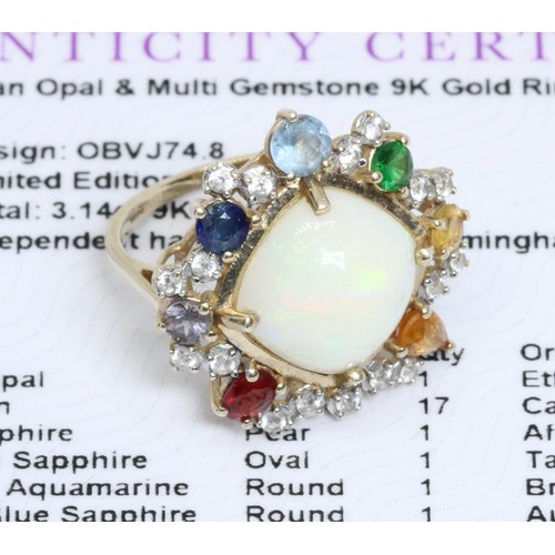 616 - A 9ct gold Ethiopian opal cabochon and multi-gem set cluster ring, cluster 21mm x 22mm, gross weight... 