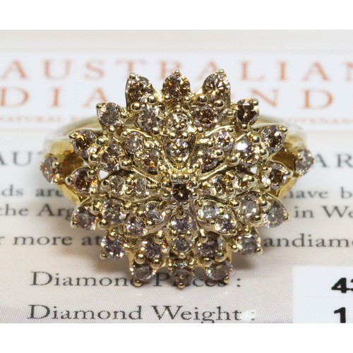 628 - A 9ct gold tinted Argyle diamond cluster ring, the cluster measuring approximately 15mm in diameter,... 