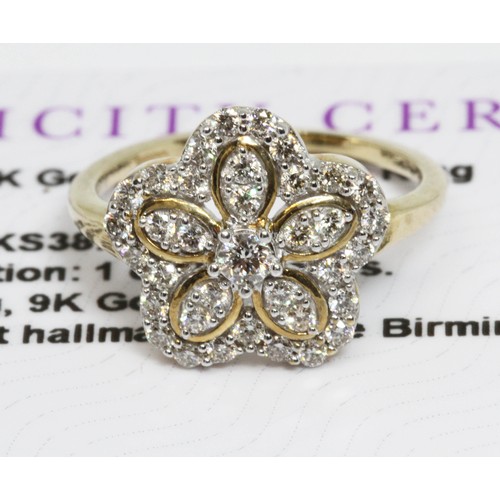 625 - A 9ct gold diamond cluster ring, flower head cluster measuring approximately 14mm in diameter, gross... 