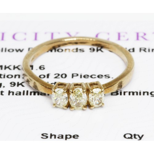 631 - A 9ct three stone yellow diamond ring, total diamond weight approximately 0.50cts, gross weight 1.6g... 