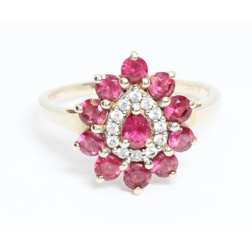 649 - A 9ct gold ruby and colourless stone cluster ring, gross weight 2g, size L.