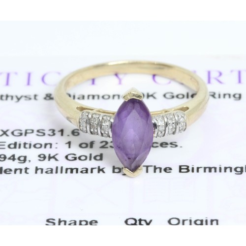 648 - A 9ct gold Kenyan amethyst and diamond ring, gross weight 2g, size L, with Gemporia certificate.