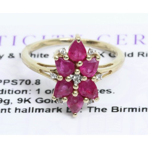 643 - A Burmese ruby and qhite zircon cluster ring, gross weight 2.1g, size K, with Gemporia certificate.