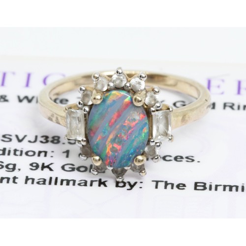 640 - A 9ct gold opal triplet and white zircon ring, gross weight 2.2g, size J, with Gemporia certificate.