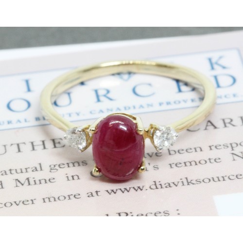 637 - A 9ct gold Greenland ruby and Canadian diamond ring, gross weight 1.2g, size J, with Fire Under Ice ... 