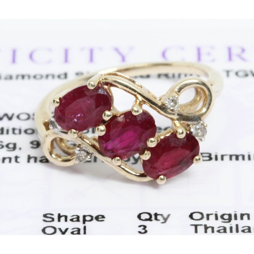 634 - A 9ct gold Thai ruby and diamond ring, gross weight 2.6g, size J, with Gemporia certificate.