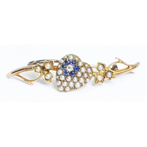 662 - An antique diamond, sapphire and split pearl brooch, length 43mm, yellow metal unmarked, gross weigh... 