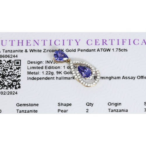 656 - A 9ct gold tanzanite and white zircon pendant, length 24mm, gross weight 1.6g, with Gemporia certifi... 