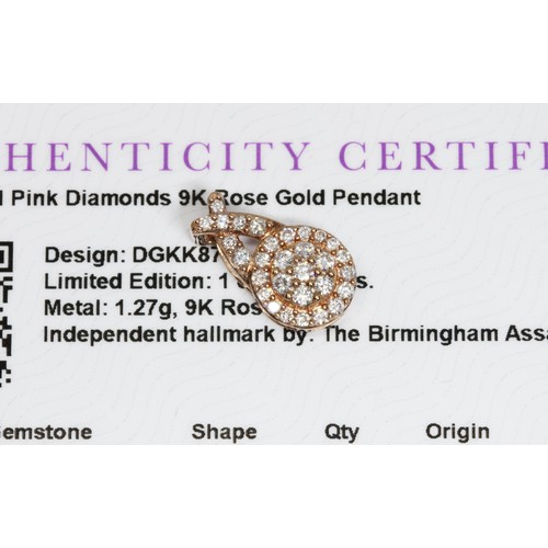 657 - A 9ct rose gold diamond pendant, length 16mm, gross weight 1.4g, with Gemporia certificate.