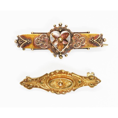 672 - Two antique bar brooches, one marked '9ct', weight 1.6g, the other hallmarked 15ct gold, weight 2.9g... 