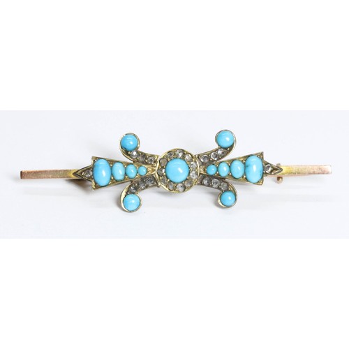 671 - A 19th century rose cut diamond and turquoise cabochon bar brooch, length 52mm, yellow metal unmarke... 