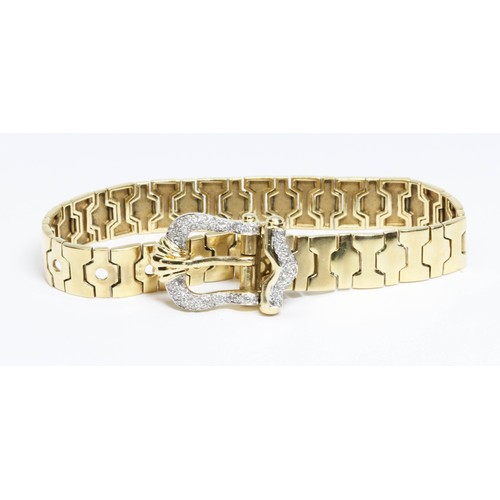 668 - An 18ct gold diamond bracelet, smooth links with Rolex style pave set diamond buckle, 18ct import ma... 