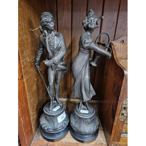 24 - A pair of spelter figures, 'La Musique' & 'La Danse', height 39cm.