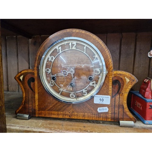 10 - A 1920s/1930s inlaid walnut chiming mantle clock.