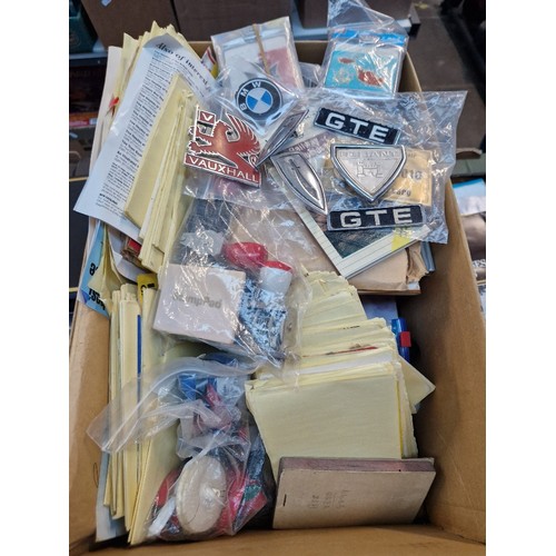 60 - A box of assorted automobilia including stickers, badges, tram tickets etc.