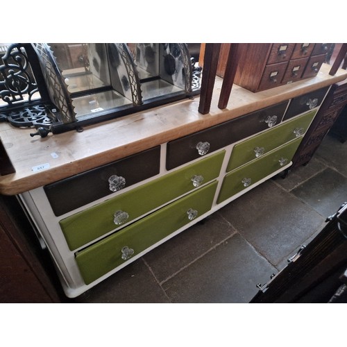 857 - A Victorian pine dresser, press glass handles, length 177cm, depth 52cm & height 87cm.