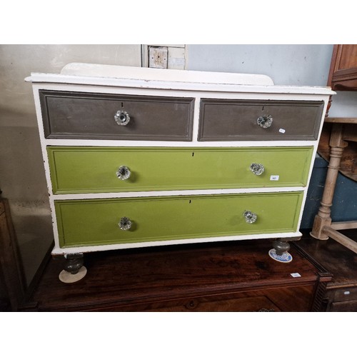 865 - A Victorian painted pine chest of drawers with pressed glass handles, width 110cm, depth 43cm & heig... 